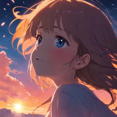 obra-prima, melhor qualidade, filme ainda, 1girl, garota nuvem, floating into the sky, close-up, brilhante, feliz, Soft lighting and Warm, sun sunset, pelada, buceta rosa, (Sparks: 0,7)