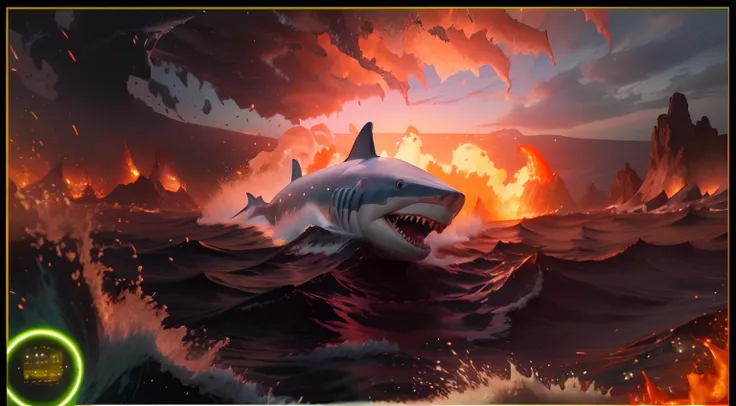 ["ULTRA REALISTIC White Shark, Shark ULRA REAL, Shark swimming in the lava of the erupting volcano in great detail, super real white shark, lavas on top of the shark, volcano eruption, shark swimming in super realistic ultra high quality super high lavas, ...