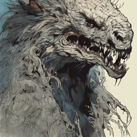 Werewolf, closeup portrait, Artwork by Gerald Brom. Intricately detailed, pen and ink, process colors, deep color, Andrew Wyeth Alessandro Gottardo Katherine Lam, Strybk Style, Broken Glass Effect, Rich Deep Color, Distorted Photography, Pixelated Censored...