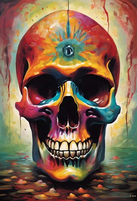 a psychodelic skull in lsd with 3 eyes, demonic, horror, album cover art, surrealism, futuristic, satan, coral, desaturated, dark, hell, landscape, universe