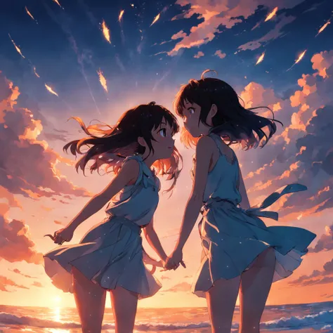 obra-prima, melhor qualidade, filme ainda, 2girls, garota nuvem, floating into the sky, close-up, brilhante, feliz, Soft lighting and Warm, sun sunset, beira mar,  (Sparks: 0,7)