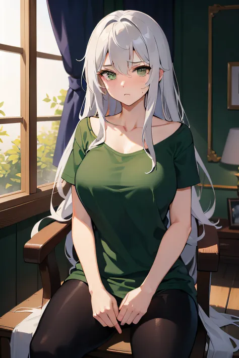 1 woman, tall, large chest, Long silver hair, green eyes, wearing large t-shirt, embarrassed, blushing, confused. sitting on chair, hands in back, dark room, night, bedroom.