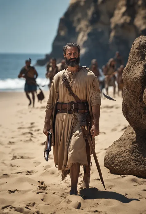 Homem velho, barba longa branca, corpo inteiro abaixado na praia junto de um soldado Romano, arte 8k, Historical approach.