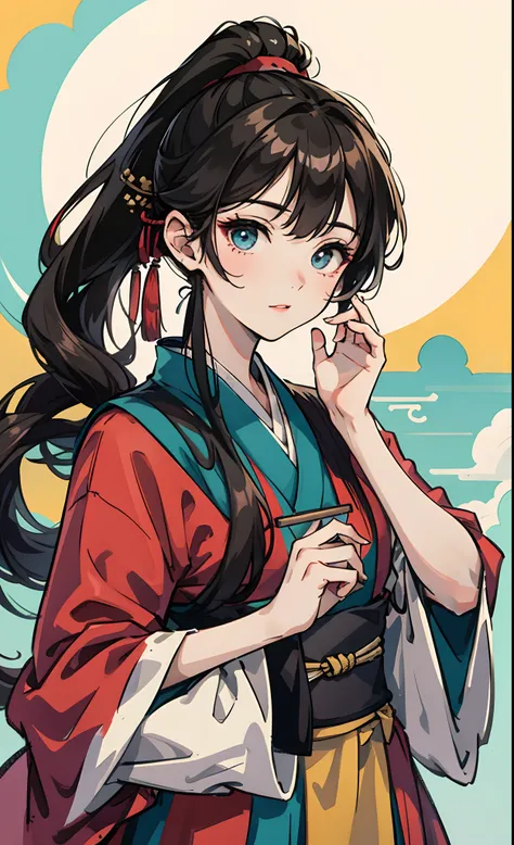 High ponytail，Round face，Straight nose，orient，Hanfu，schoolgirls