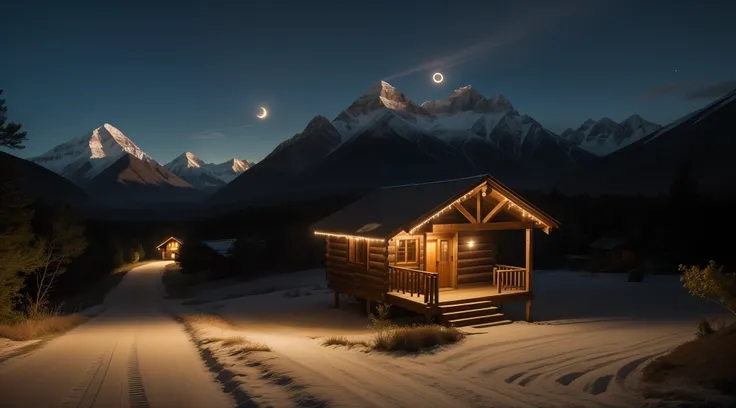 a serene nighttime setting in the countryside, where a lone figure is walking along a dirt road. The individual, with a backpack, is moving away from the camera, creating a feeling of solitude. The sky above is dark and enchanting, with a crescent moon cas...