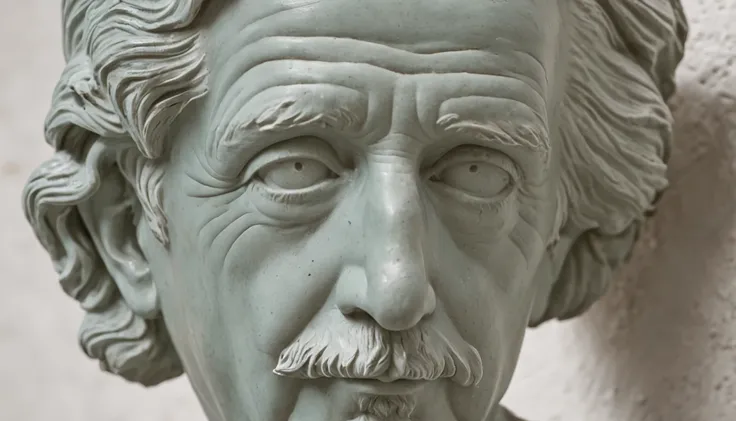 Prompt:criar um retrato de Albert einstein, olhar escultura, cobre oxidado, turquesa e argila, baixo relevo, White Marble, Escultura romana e grega, azul escuro, fundo quadrado liso e limpo, straight head, erigir, imagens orientalistas, folhas de argila no...