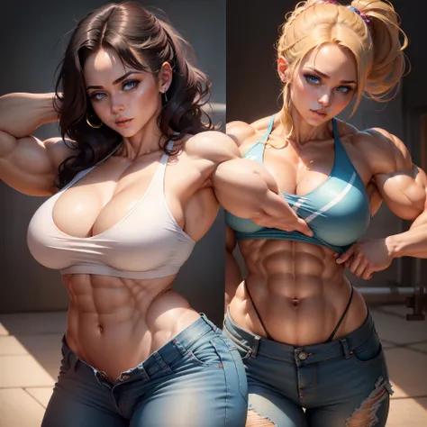 (1female body builder:1.37), masterpiece, best quality, illustration, ultra-detailed, finely detail, highres, 8k wallpaper, perfect dynamic composition, beautiful detailed eyes, natural lip, t-shirts , short denim pants , big breasts, cleavage