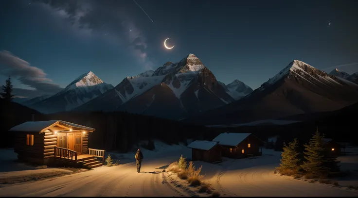 a serene nighttime setting in the countryside, where a lone figure is walking along a dirt road. The individual, with a backpack, is moving away from the camera, creating a feeling of solitude. The sky above is dark and enchanting, with a crescent moon cas...