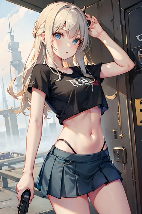 breaking into the ship、cute girl with glock17、full bodyesbian、sneak into、a blond、blue eyes、black tank top、blue jeans skirt,