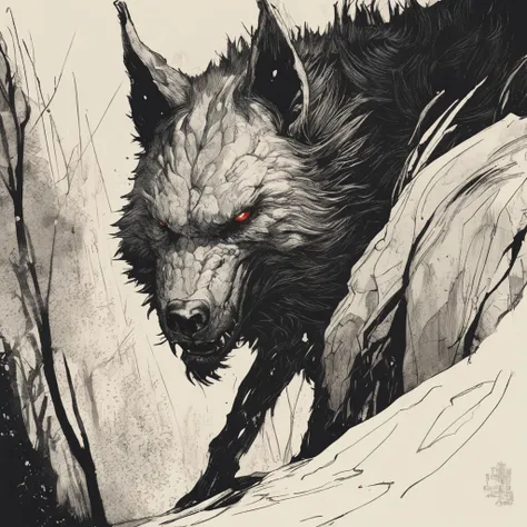 Werewolf, closeup portrait, Artwork by Gerald Brom. Intricately detailed, pen and ink, process colors, deep color, Andrew Wyeth Alessandro Gottardo Katherine Lam, Strybk Style, Broken Glass Effect, Rich Deep Color, Distorted Photography, Pixelated Censored...