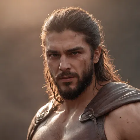 (Professional 3D rendering:1.3) de (Realistic:1.3) Foto de arte mais bonita do mundo，Features soft, bright male heroes, ((Epic hero fantasy rough muscular man wet hero angry look long hair short beard and fierce expression in dynamic pose, fantastic locati...