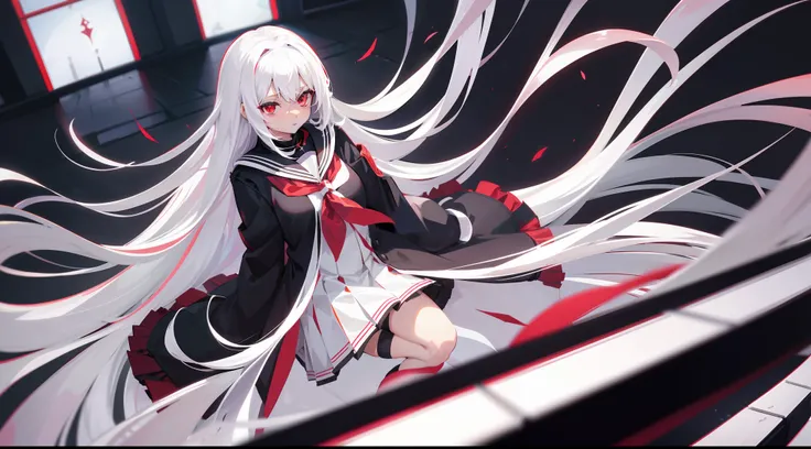 Long white hair, Red eyes, Wear pleated skirts, dressed in a black coat，Inside was a white sailor suit，Wearing black stockings, Plump body, An anime character, Only one person