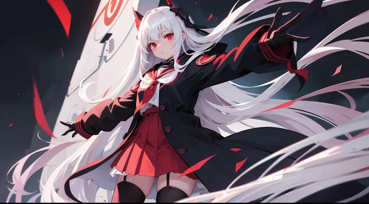 Long white hair, Red eyes, Wear pleated skirts, dressed in a black coat，Inside was a white sailor suit，Wearing black stockings, Plump body, An anime character, Only one person