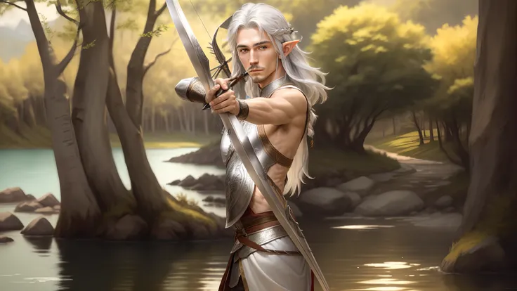 masterpiece,a man, silver hair elf warrior with a longbow and arrow in front of a lake, man holding recurve bow, forrest, long silver hair, pointy ears