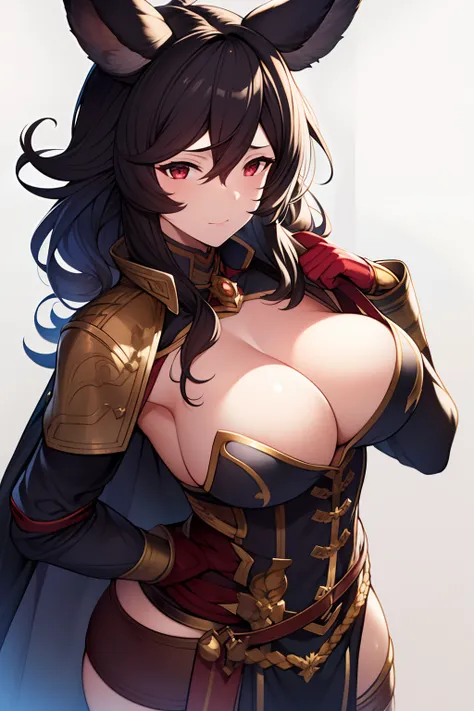 1girl, animal_ears, arm_up, armor, armpits, black_hair, breasts, buttons, cape, closed_mouth, commentary_request, detached_sleeves, double-breasted, erune, garrison_cap, granblue_fantasy, hair_between_eyes, hand_in_own_hair, hat, highres, ilsa_(granblue_fa...