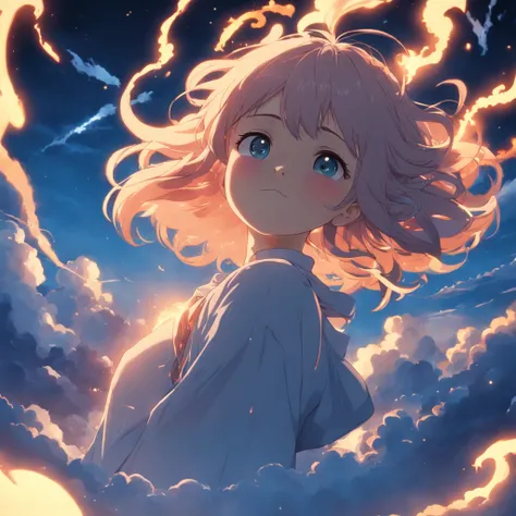 masterpiece, best quality, movie still, 1girl, cloud girl, floating in the sky, close-up, bright, happy, warm soft lighting, sunset, (sparks:0.7)