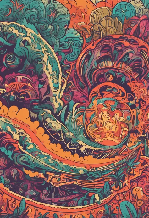 Create a psychedelic illustration of money burning