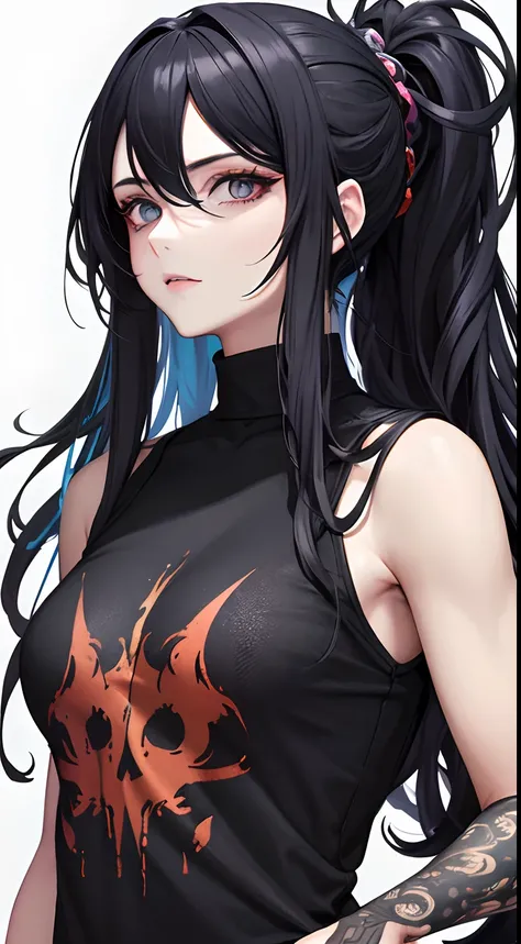 colorful,highest detailed, woman with long black messy beautiful hair serious eyes, dull eyes, dead inside, gray eyes, beautiful, majestic, wearing casual clothes, evil, to Ed muscle,