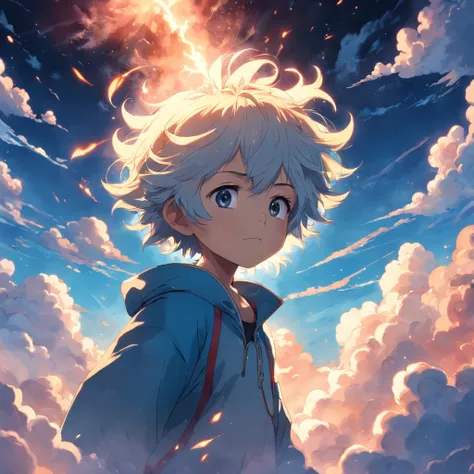 masterpiece, best quality, movie still, 1boy, cloud boy, floating in the sky, close-up, bright, happy, warm soft lighting, sunset, (sparks:0.7)