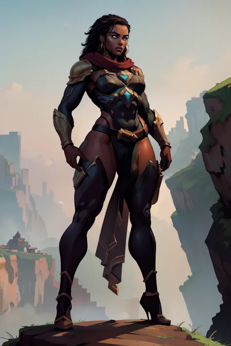 masterpiece, best quality, bronze skinned, heroic pose, standing on cliff