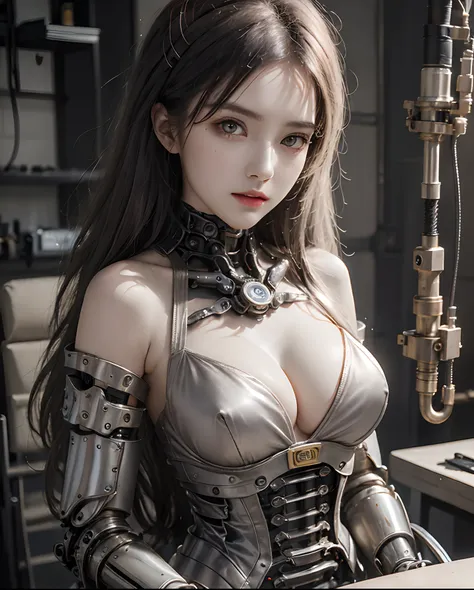 1 Mechanical Girl、((super realistic details))、portlate、globalillumination、Shadow、octan render、8K、ultrasharp、Steampunk Cyborg Body、White porcelain body、Hydraulic cylinder、Details of complex ornaments、Sumerian details、highly intricate detail、Realistic light、...