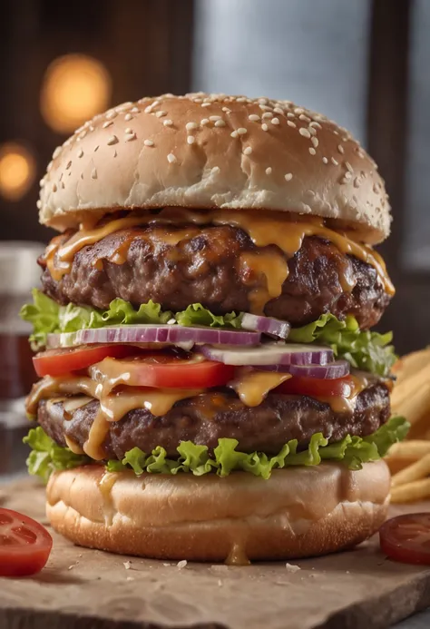 A burger falling in pieces juicy, tasty, hot, promotional photo, intricate details, hdr, cinematic, adobe lightroom, highly detailed