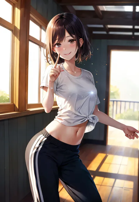 beautiful sexy girl, trackpants floral shirt, leaning forward BREAK e_quality, atmospheric perspective, (dust particles sunbeam, obstructed vision:1.3), aesthetic digital art, illustration BREAK finger_gun, shirt tug, (seductive smile), blush