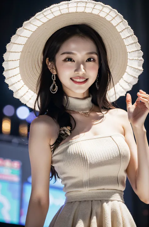 Imagine Eri Kamei from Morning Musume in the spotlight. She wears an elegant white ensemble, Dressed in a chic white hat. Setting reminiscent of epic concerts and performances, Stage lights illuminate her. Her adorable attitude is a highlight, Especially h...