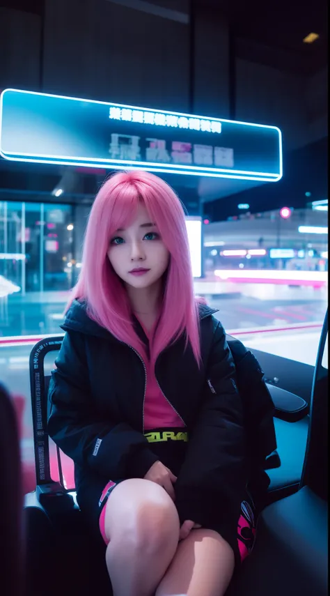 Cyberpunk-city，A lady，A pink-haired。