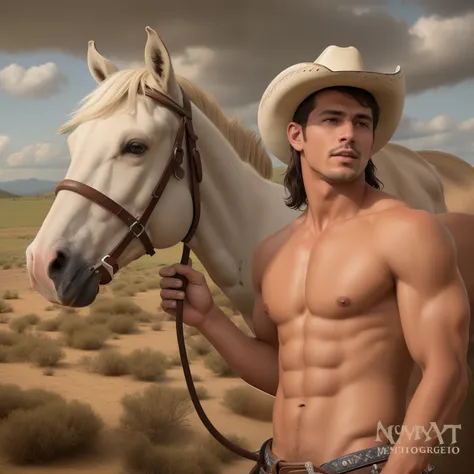 Very young brunette boy in a cowboy hat holding a horse in a field, Vaquero mexicano, cowboy retrato masculino, retrato do cowboy sem camisa, bonito impressionante realista, guy with horse head, 🐎🍑, inspired by the Brothers Hildebrandt, Directed by: Mark A...