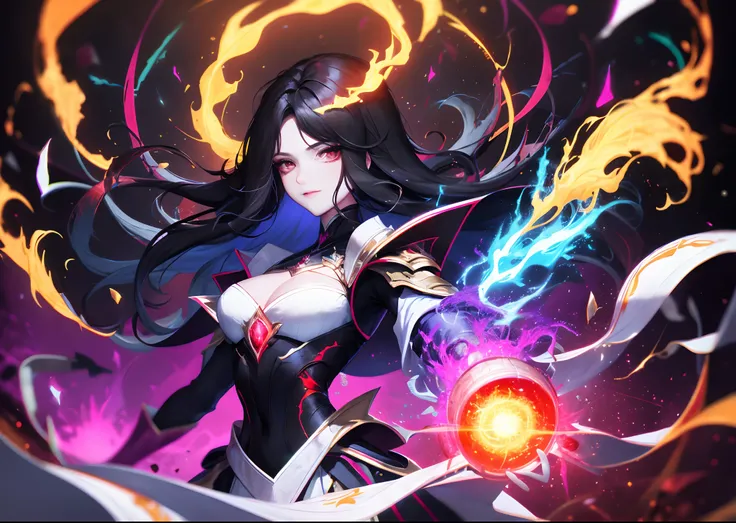 "1girl, with black hair and red eyes, embodying a fire witch, surrounded by swirling blood and illuminated by vibrant light particles and rays, creating a captivating wallpaper with high contrast and vibrant colors."