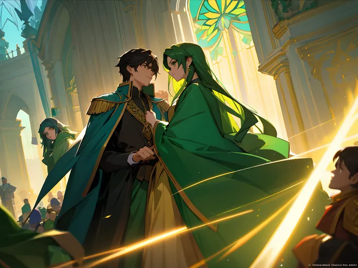 There is a man people dressed in green and gold, Arauto Esmeralda, Krenz Cushart e Wenjun Lin, O Arauto Esmeralda, Green robes, design de personagens de d & d, arte conceitual de design de personagens dnd, Personagem de arte conceitual de RPG, Arte conceit...