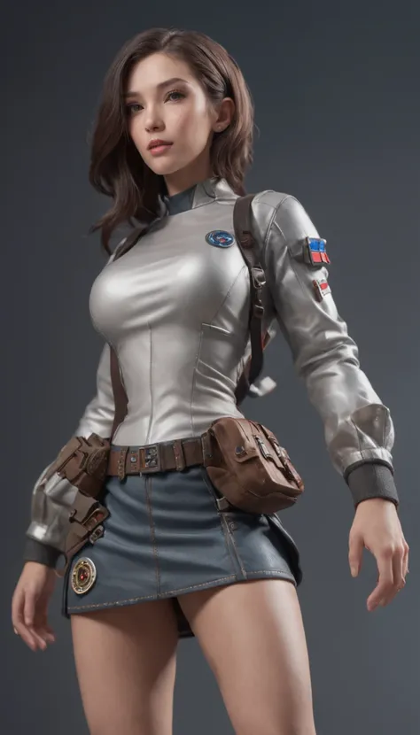 Detailed and realistic depiction of spacegirl pin-up style, dressed in a miniskirt without panties seen from below.