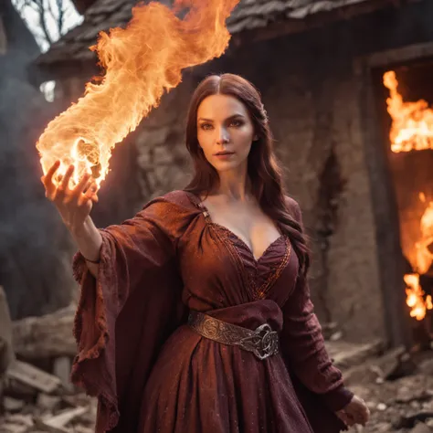 modelshoot style, waist up, award winning digital art of a beautiful sorceress conjuring fire, fully clothed, in a burning and destroyed fantasy village, detailed eyes, magical, d&d, masterpiece, best quality, high contrast, soft lighting, backlighting, bl...