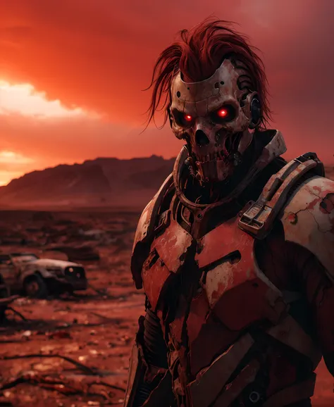 In a post-apocalyptic wasteland, the mind-bending meatloaf entity cyborg stands against a blood-red sky, its form a blend of twisted metal and grotesque flesh, a symbol of technological corruption. The environment is a barren desert, with cracked earth and...