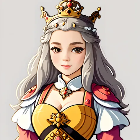 Sticker.Flat design, whitebackground, Cute, Kawaii woman wearing a crown and dress, Beautiful female princess, a beautiful fantasy empress, A royal woman, medieval princess, portrait of a princess, majesty in noble clothes, flat vector art, in style of dig...