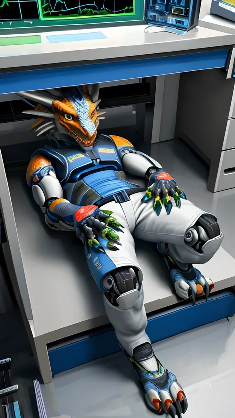 Bionic robot dragon，female，Gilet blanc，short white pants，sandals，Lying in the lab was modified by the program，HD graphics，Detailed and realistic，high detal，high qulity，photo-realistic，photorealistic eye，Detailed paws，Clear eyes，Masterpiece artwork，Five-fin...