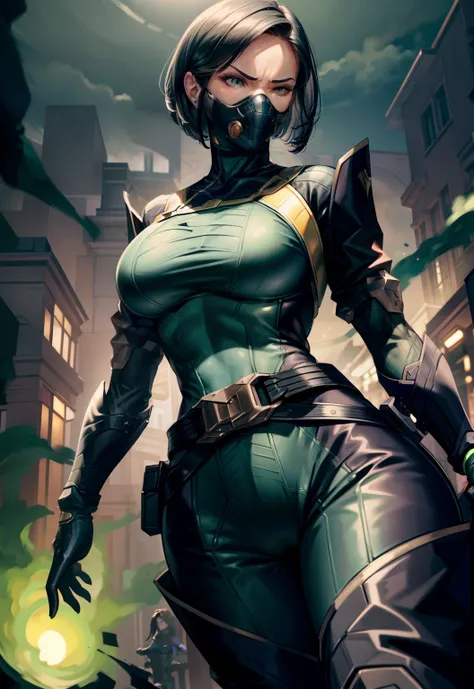 Masterpiece, Best quality,Look at the woman from below ，《Fearless viper》, tightsuit, mitts, belt, thigh boots, respirator, view the viewer, face, Portrait, Close-up, Red-faced，Glowing eyes, green smoke, Black background,huge tit，Raised chest，Close-up of ch...