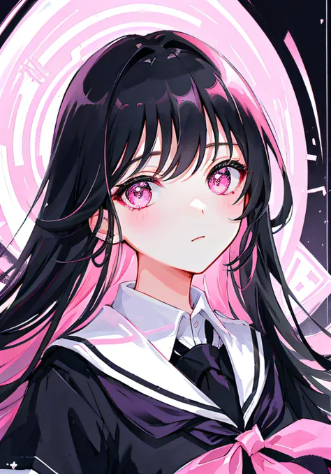 masterpiece, best quality, ultra-detailed, illustration, portrait, 1girll, black_hair, pink eyes,  long hair,  school uniform,