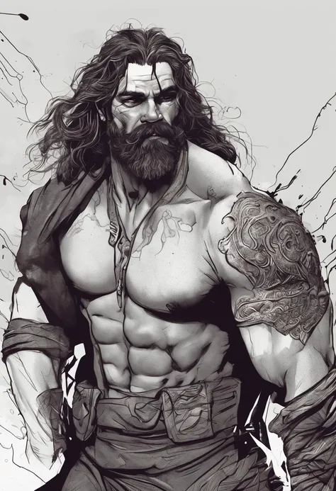 O Bruxo (Professional 3D rendering:1.3) de (Realistic:1.3) foto de arte mais bonita do mundo，soft features, uma linda mulher sexy, ((Epic hero rough fantasy muscular man wet hero angry look long hair short beard and fierce expression in dynamic pose, fanta...