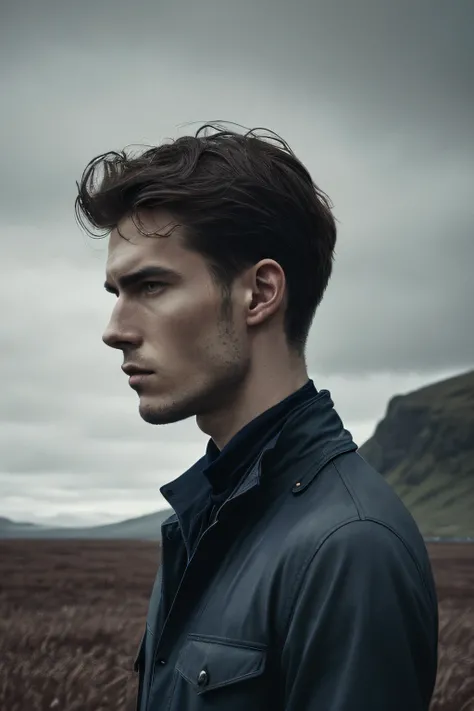 the man in the field is dressed for the camera, in the style of daria endresen, kris knight, scottish landscapes, light navy and dark brown, georg jensen, intense close-ups, matte photo --ar 132:161 --s 750 --v 5.2