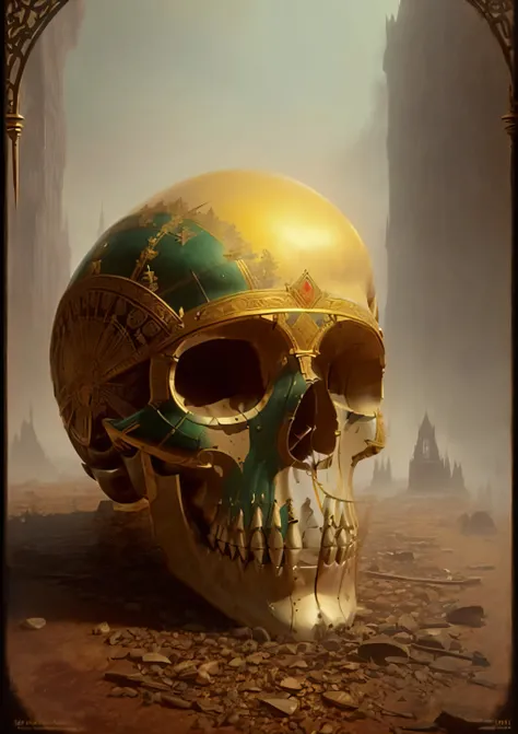 analog style, DSLR Photo (plunging view) photorealist digital painting of a beautiful (sawed-top human skull AND drinking vessel:1.3) set on an (elaborate golden stem:1.3) , inlaid in gold and ruby, emerald and sapphire jewels, filled with (blood), on a me...