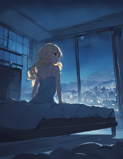 A Girl lying on her side on the bed and waking up only her upper body,backshots, during night, calm night, stylised illustration, Being in a room in a luxury apartment, From the side, stylized silhouette、One stroke、Behind the scenes looking at the city、The...