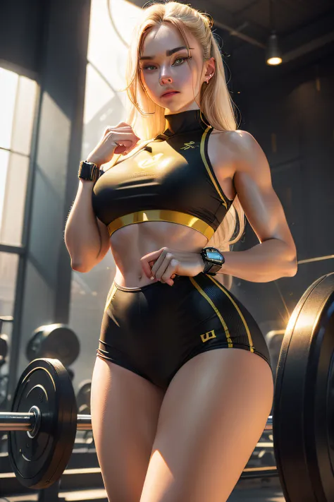 Woman with futuristic golden watch that is coming out golden rays on watch with gym background