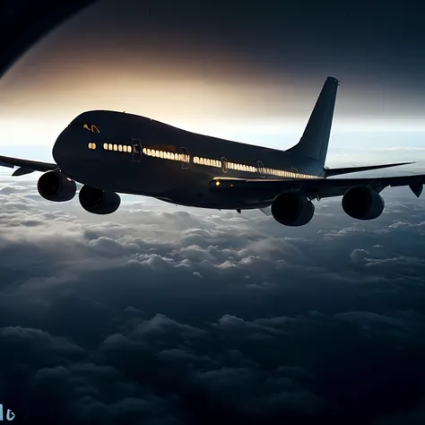 Commercial plane flying above clouds in night sky