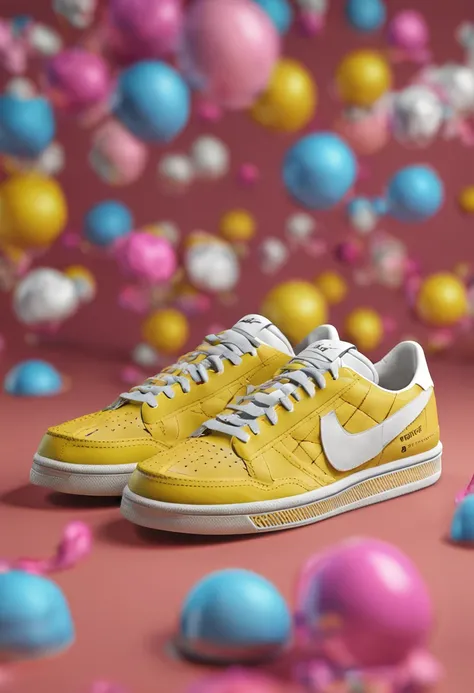 NEOMEN Magazine x Nike superstar sneaker, made by NEOMEN Magazine, high render texture, use blender 4. 0, surrealism, photorealistic, NEOMEN Magazine embroidered intra dimensional skin texture with embroidered reflections in color #ffff00, yellow, full por...