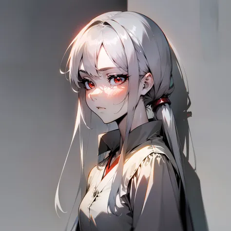 (japanese anime, slender, glossy, light and shadow, shadow, tsundere style), best image quality, silver hairstyle, red eyes, whi...