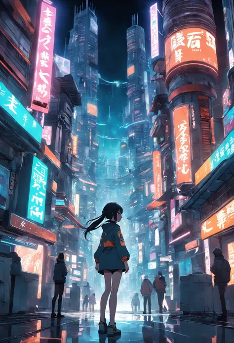 1 girl in the middle of a futuristic city, anime style, cyberpunk