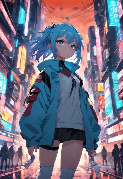 1 girl in the middle of a futuristic city, anime style, cyberpunk