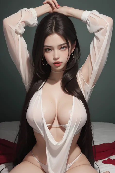 tmasterpiece， Awesome， peeping at the viewer， Realistis， The whole body is in the shot， on the lap， squatt， brunette color hair， long whitr hair， Thorough， large tall， Force real water， White less cloth transparent mini shirt， White transparent thong， beac...